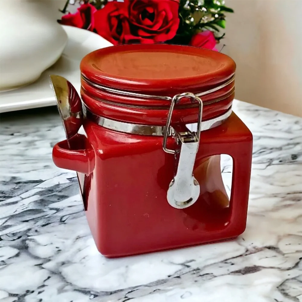 OGGI Red Ceramic Coffee Square Canister Handle & Spoon